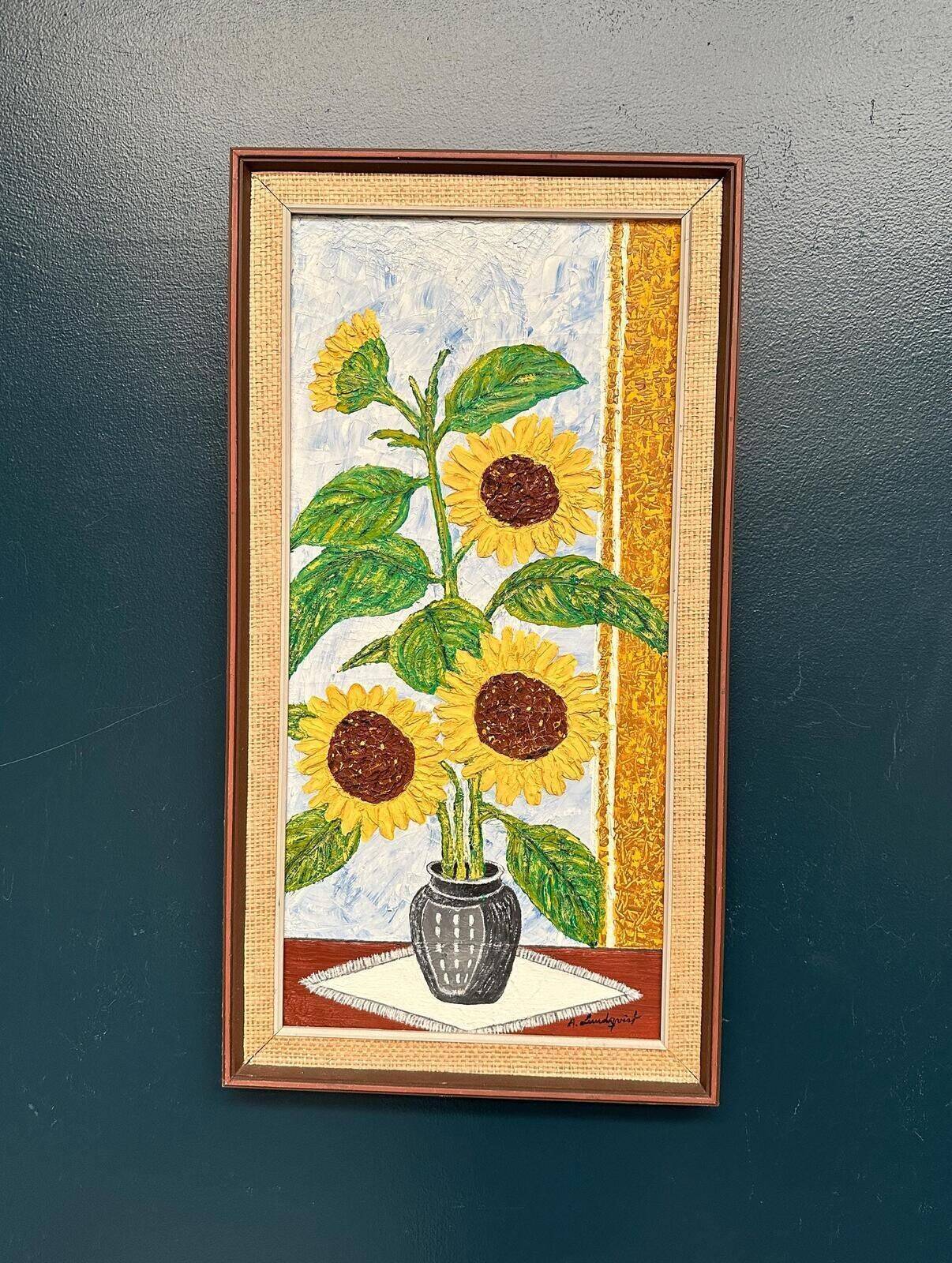 Original Swedish Oil On Canvas – “Sunflowers” By A. Lundqvist – Signed – Vintage & Framed – 66 × 35 Cm (26" × 13.8")
