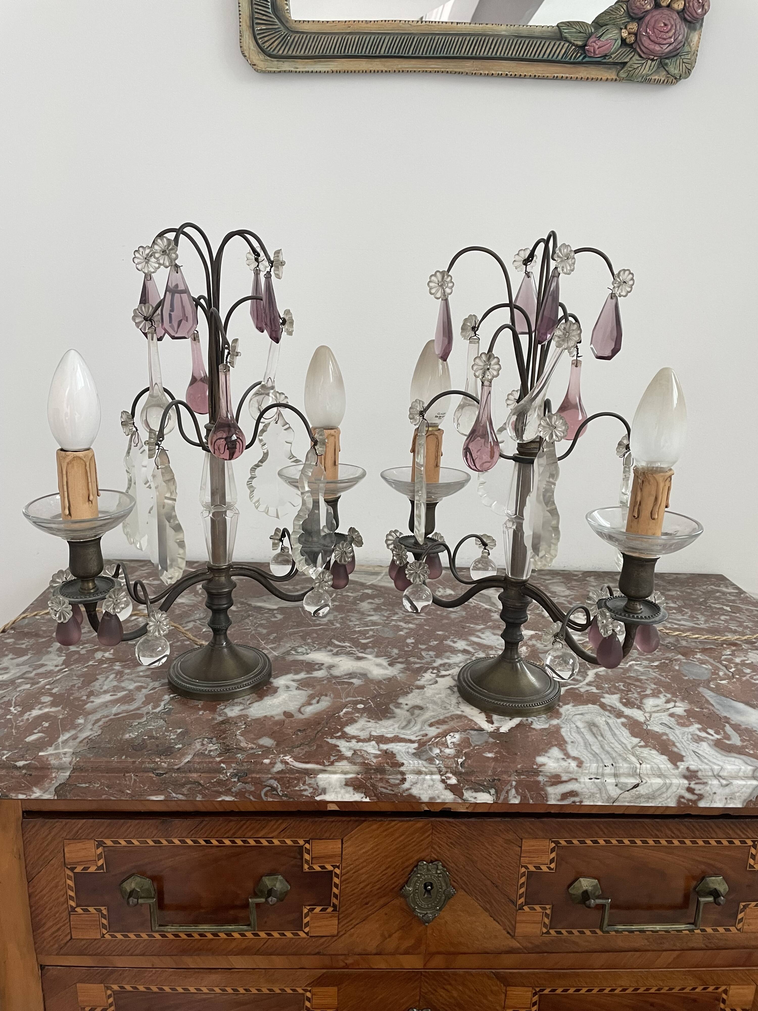pair of chandeliers, lamp, silver-plated metal, crystal, tassels, florets, pendant, rosettes