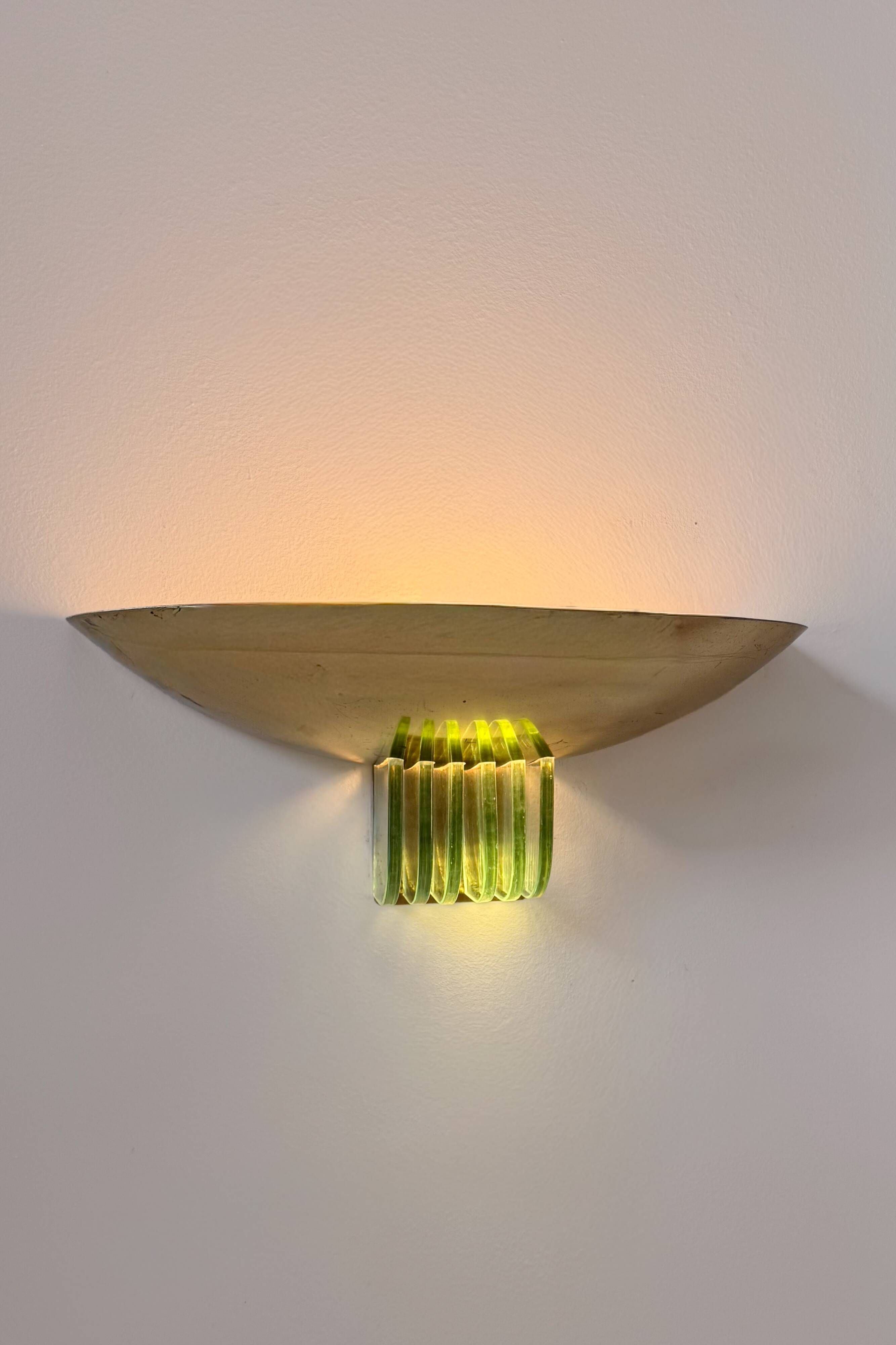 Pair of vintage brass and glass wall lights, France 1970.