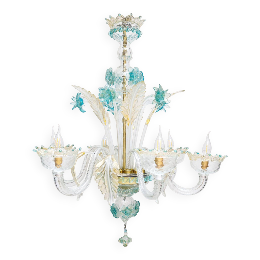Lustre vénitien à 6 lumières en verre de Murano blanc et bleu | Selency