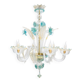 Venetian Murano Glass 6-Light Chandelier in White and Blue