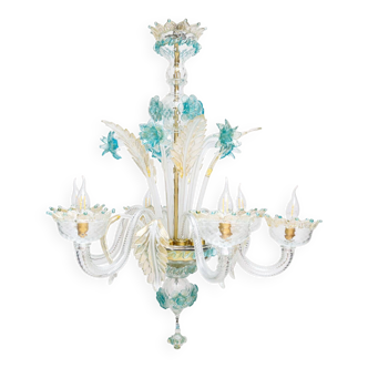 Venetian Murano Glass 6-Light Chandelier in White and Blue