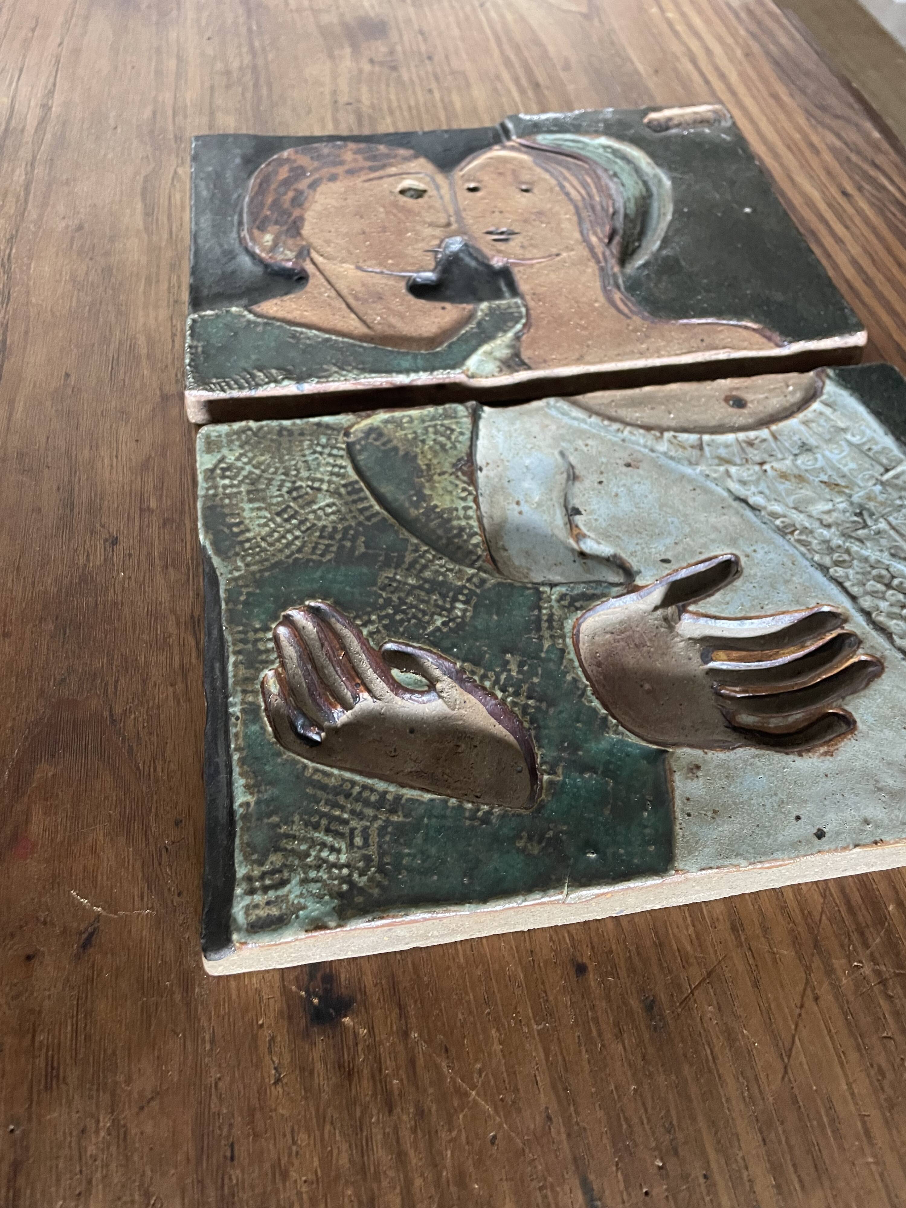 Modernist figurative wall tile in polychrome stoneware 1975