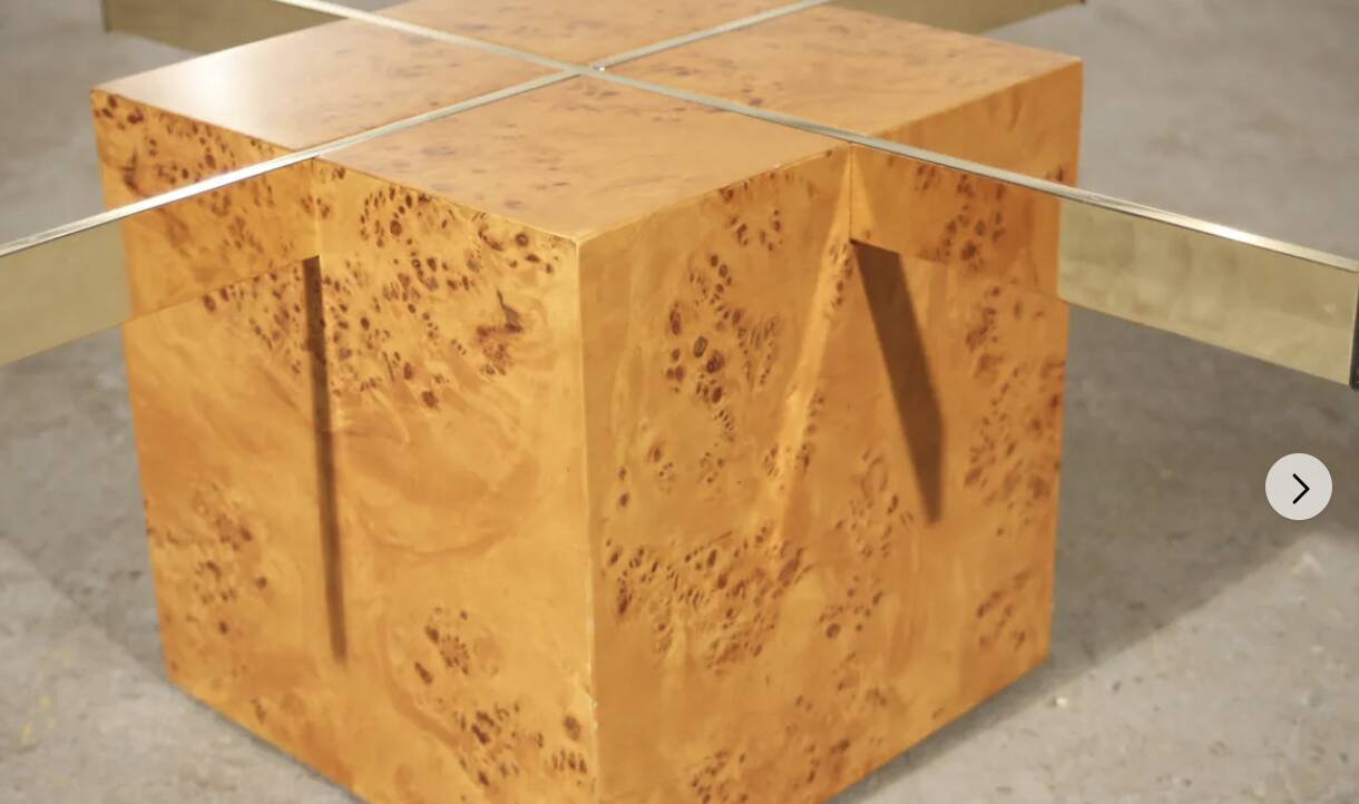 Coffee table in elm burl and tempered glass by Jean-Claude Mahey for Roche Bobois.