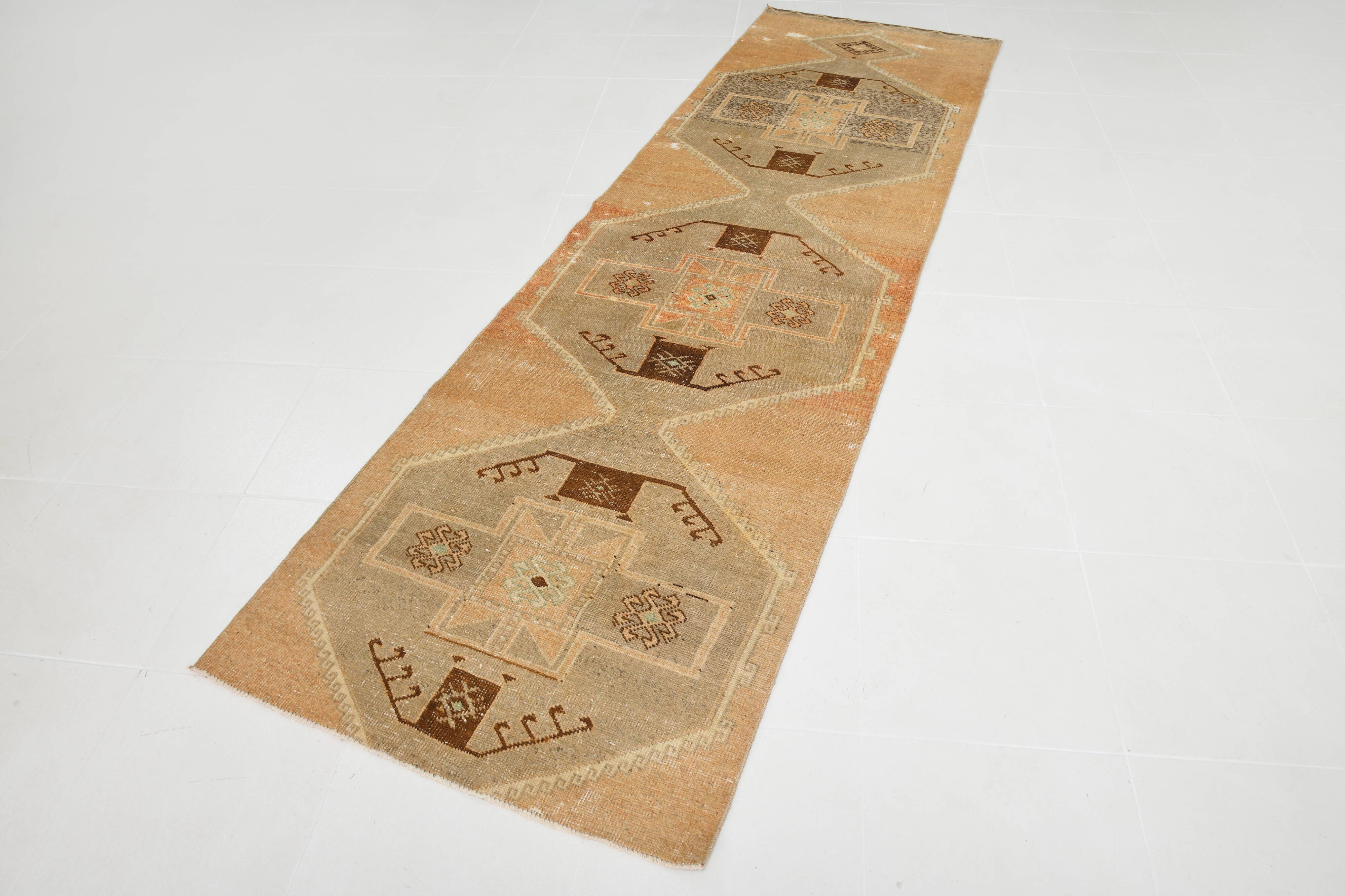 3x11 Cinnamon Color Turkish Runner Rug, Anatolian Vintage Rug, 92x321Cm