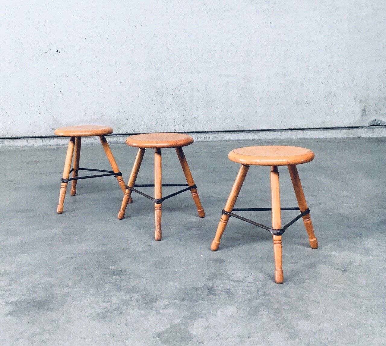 Industrial Low Tripod Stools, Belgium, 1950s, Set of 3