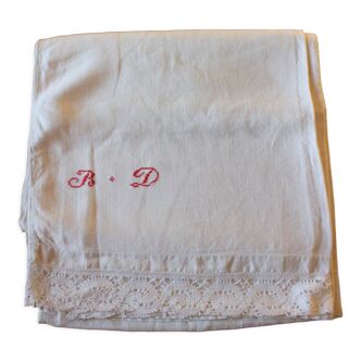 Antique linen sheet Red monograms B D Lace