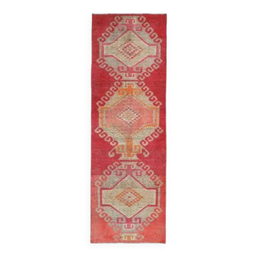 1970s Vintage Turkish Hand-Knotted Wool Cotton Pink Runner Rug 98x310