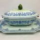 Gien, vegetable dish, soup tureen and its lid in fine earthenware, Rouen decoration.