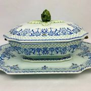 Gien, vegetable dish, soup tureen and its lid in fine earthenware, Rouen decoration.