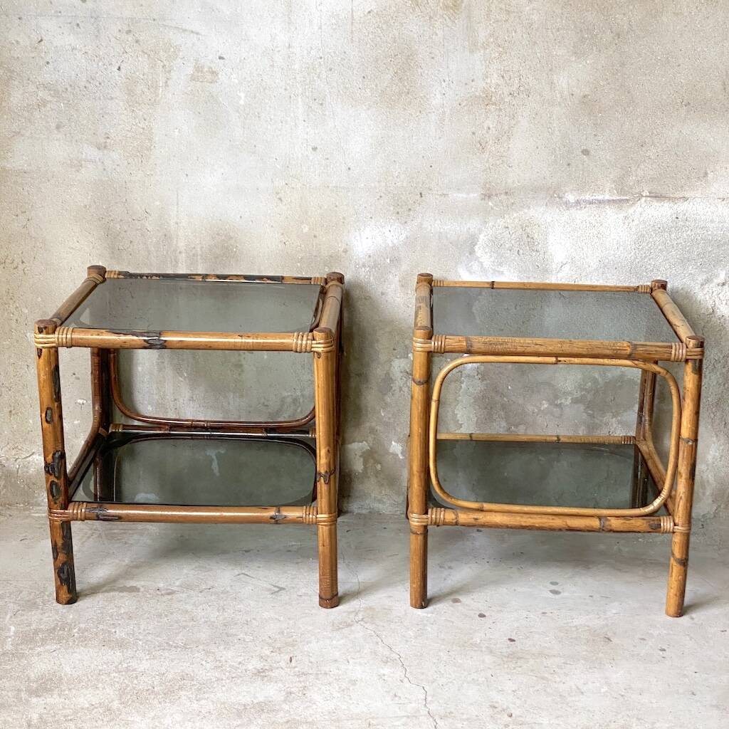 Pair of bedside tables or side tables in vintage 1980s rattan.
