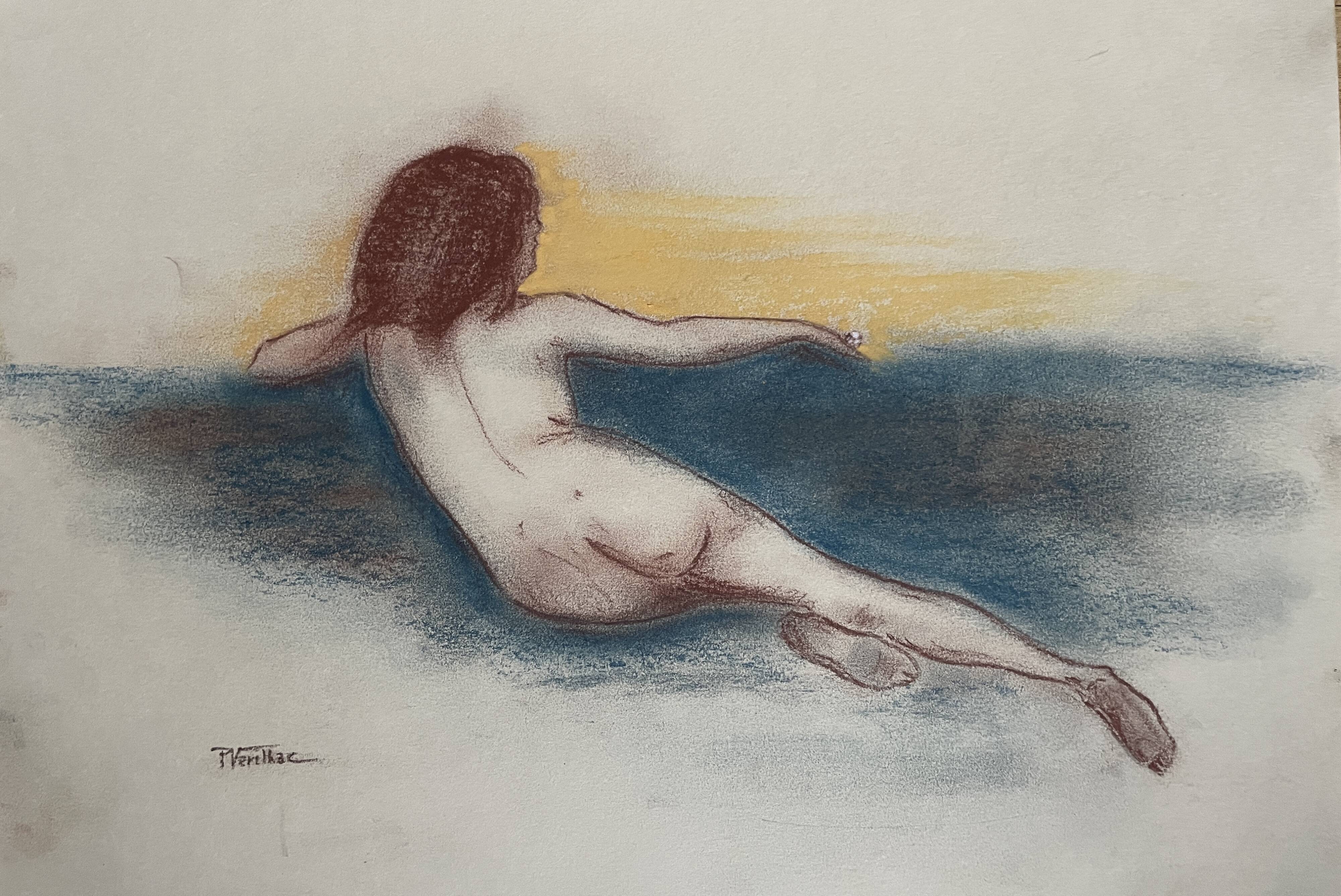 Signed sanguine pastel portrait "the blue sofa"