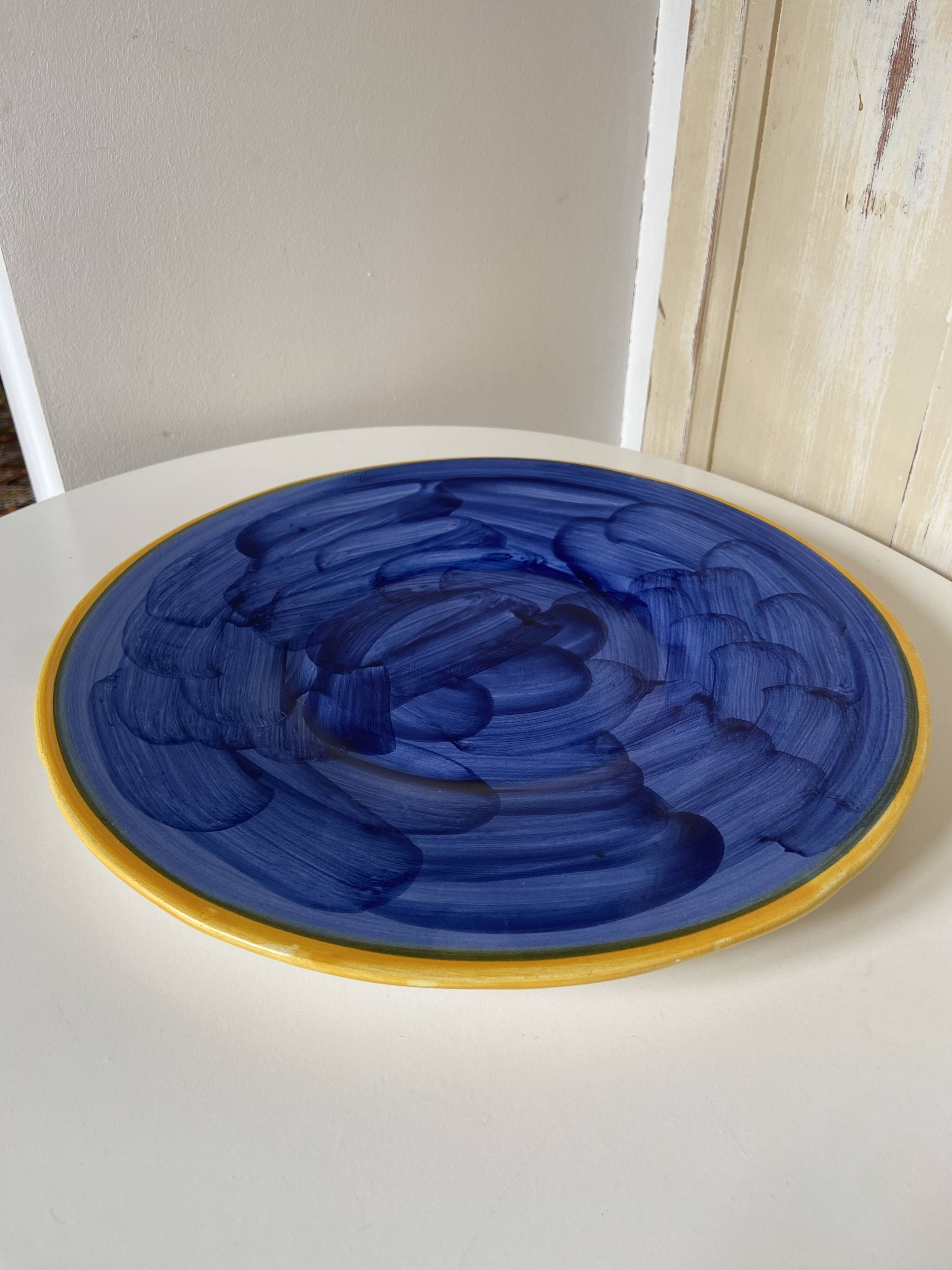 Large Vintage Blue Plate Greek Mediterranean Style - hand painted