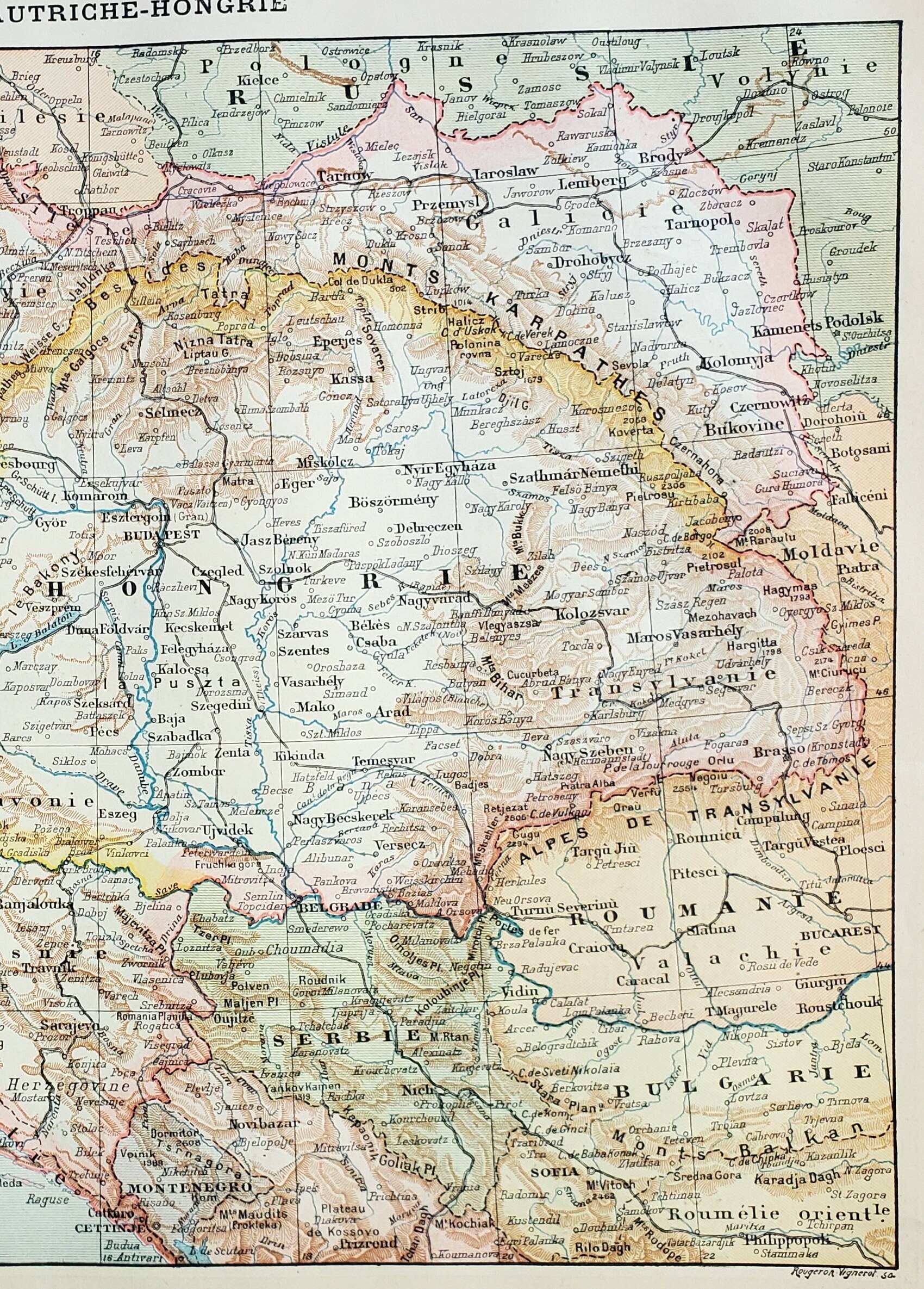 Gravure ancienne 1898, Empire d'Autriche-Hongrie, carte • Lithographie, illustration originale