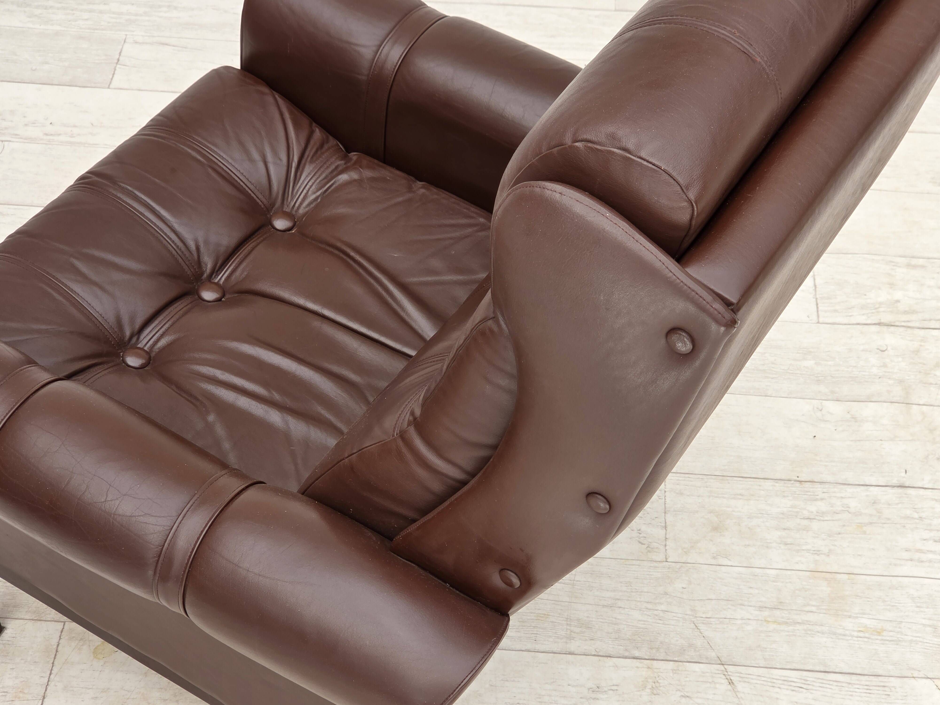 1970s, Danish armchair, original brown furniture leather.