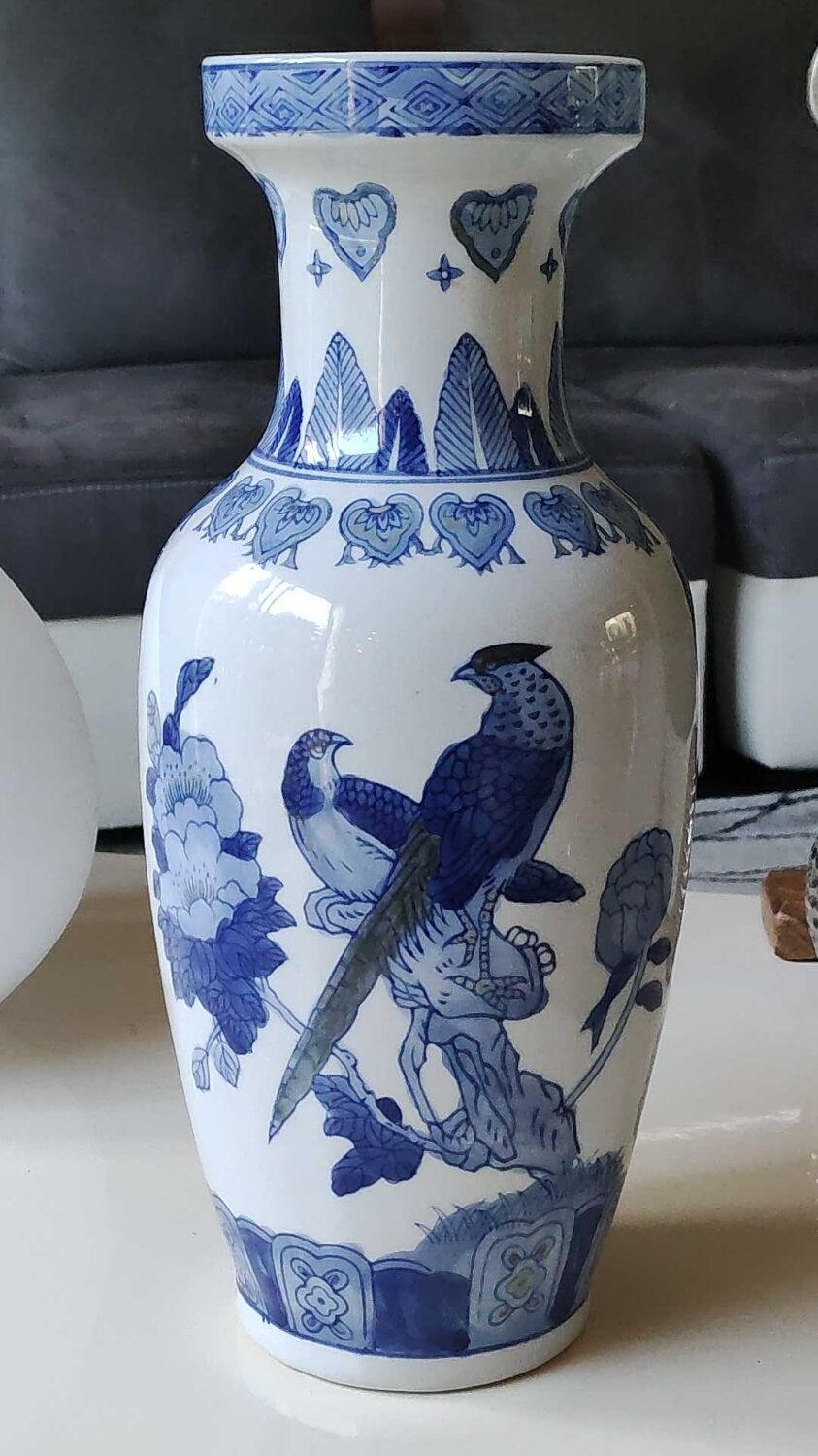 Asian baluster vase. Exotic floral/bird designs. Feather friezes, hearts. High 36 cm