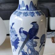 Asian baluster vase. Exotic floral/bird designs. Feather friezes, hearts. High 36 cm