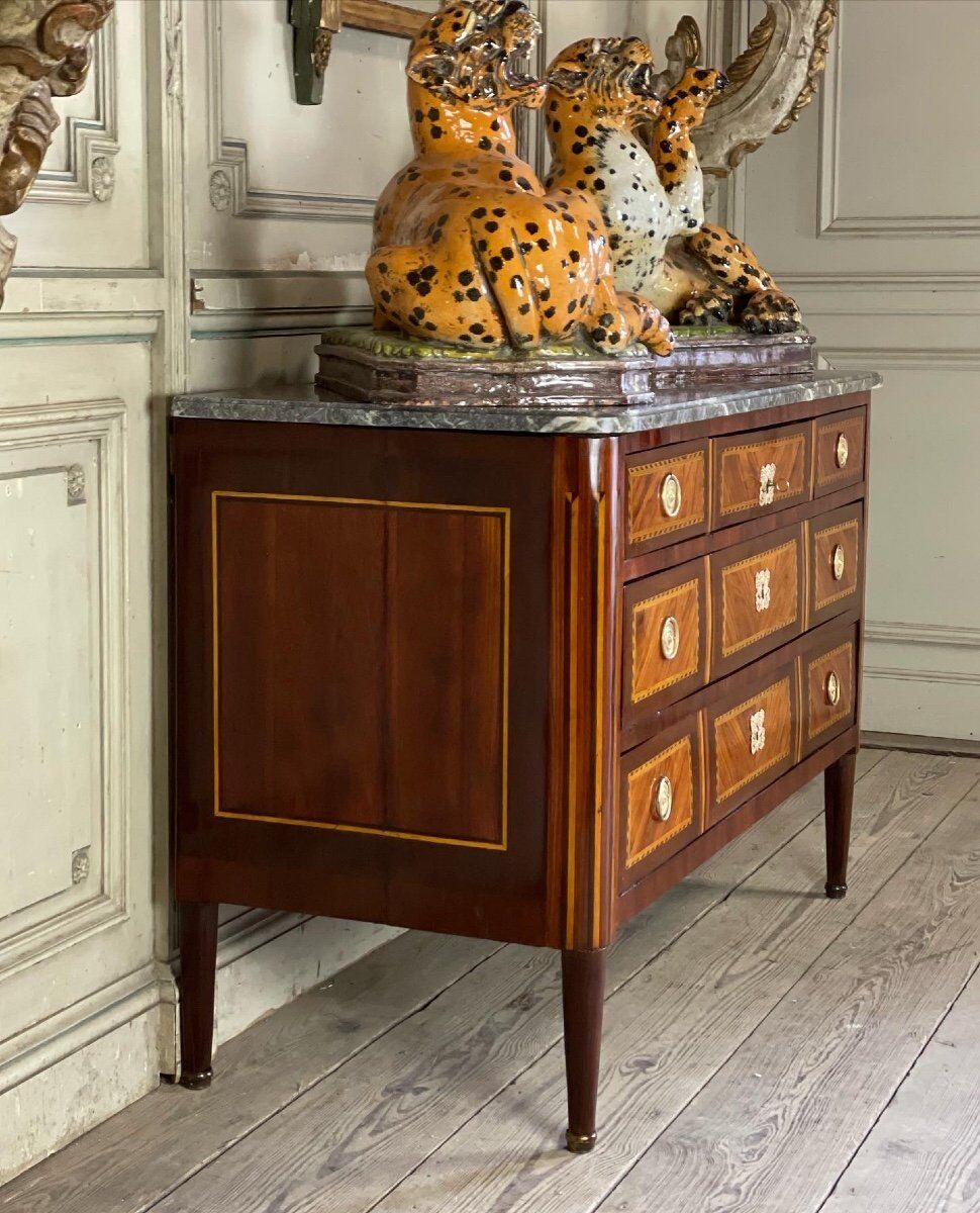Louis XVI commode in veneer, gilt bronze and grey Ardennes marble, 18th century