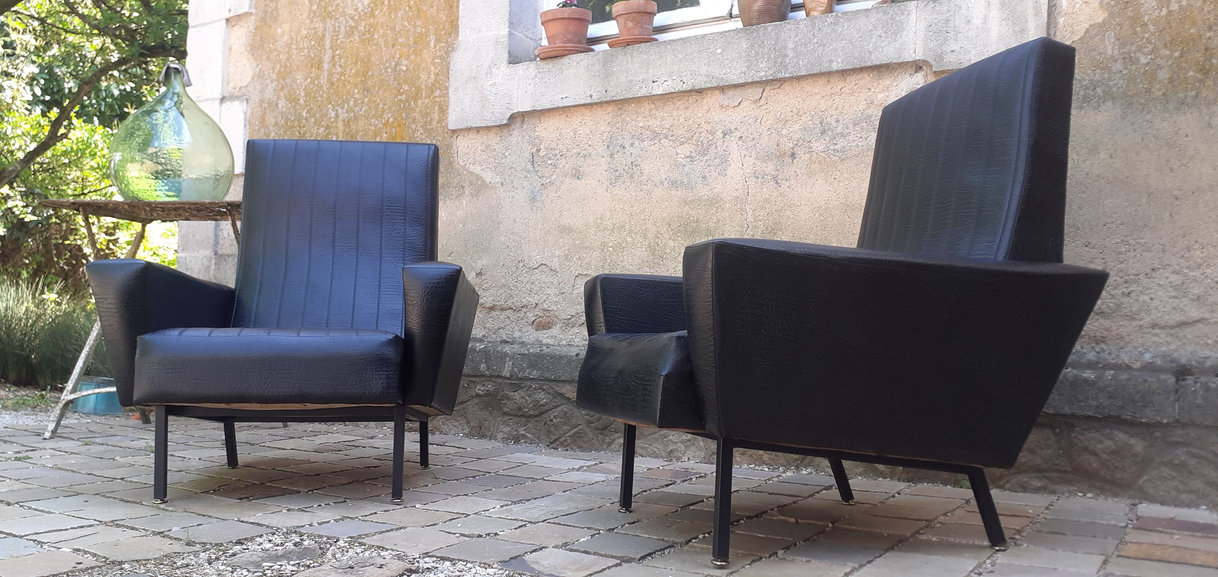 Pair of armchairs vintage year 60 imitation black leather