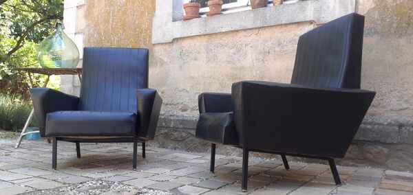 Paire de fauteuils vintage année 60 simili cuir noir