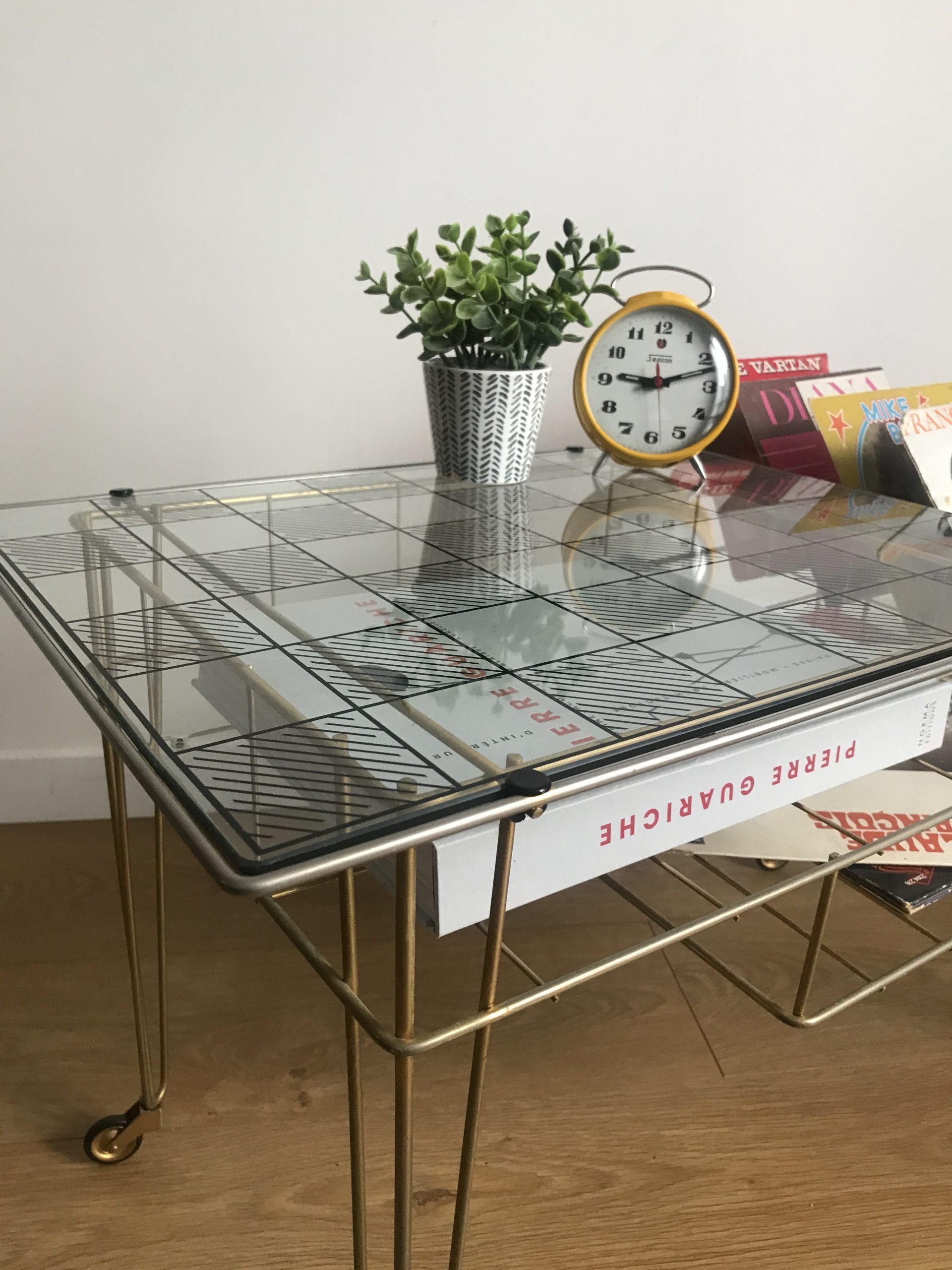 Side table gold vinyl door with wheels eiffel legs and glass checkered top