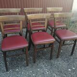 Lot de 6 chaises bistrot TON en bois courbé et assises en skaï rouge vintage.