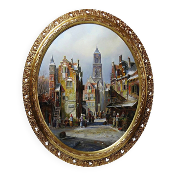 Large painting urban scene oil on wood framed John Haanstra vintage