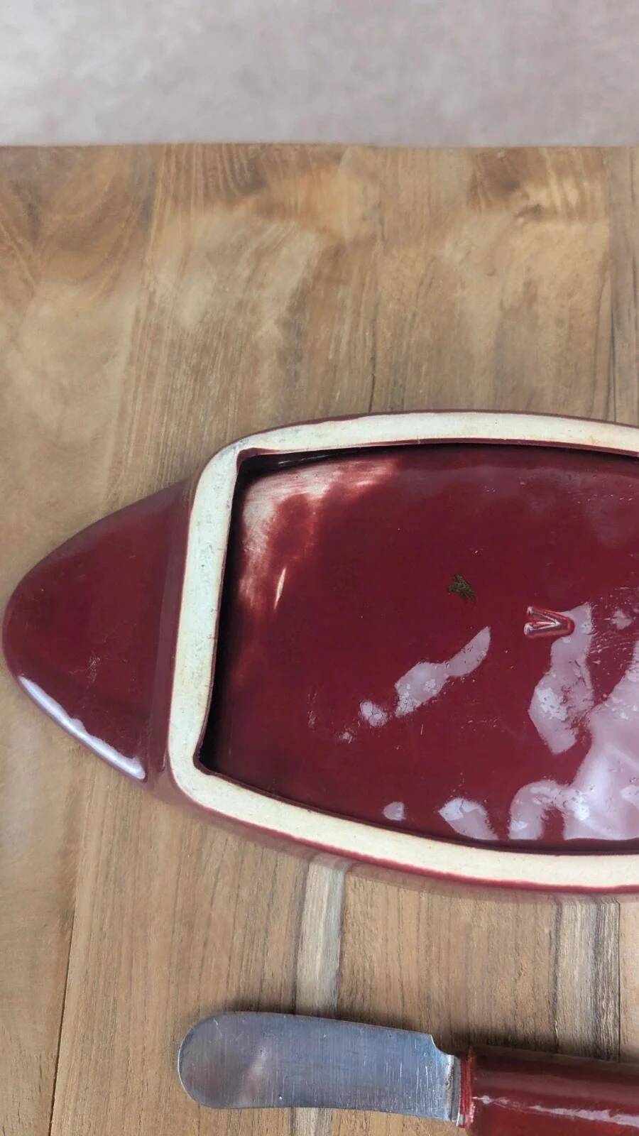 Vintage red ceramic butter dish + matching knife