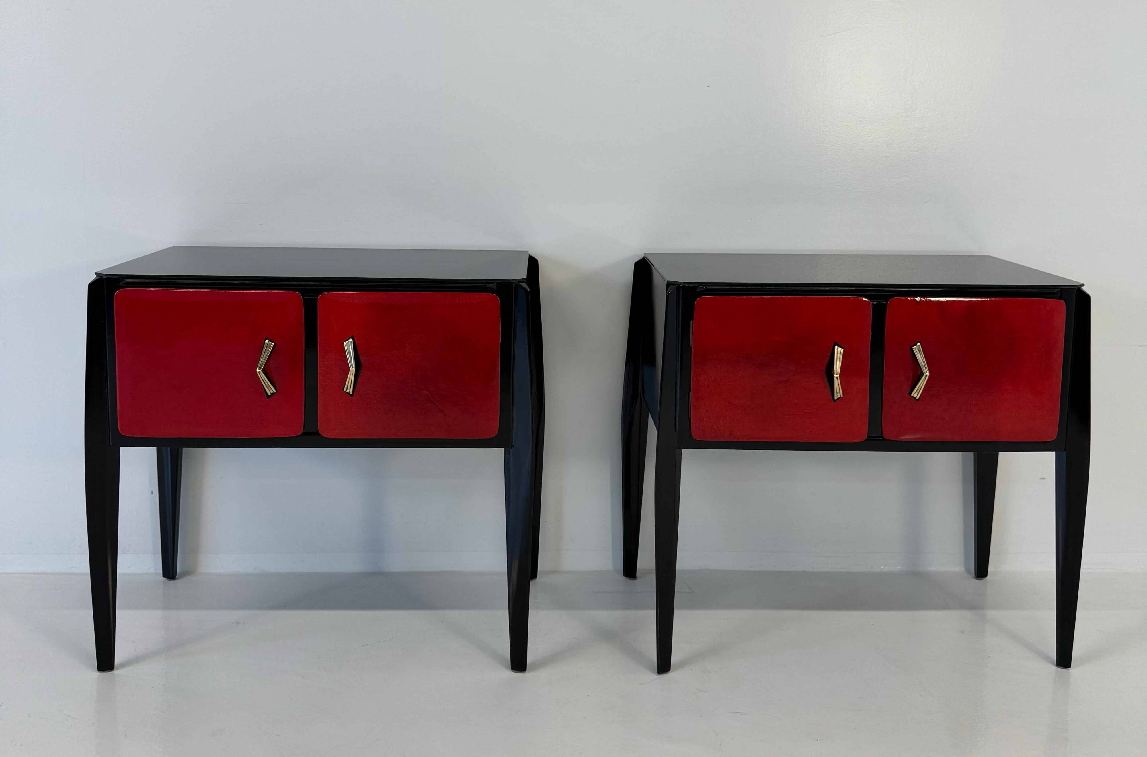 Italian Art Deco Cherry Red Parchment and Black Nightstands, 1950s