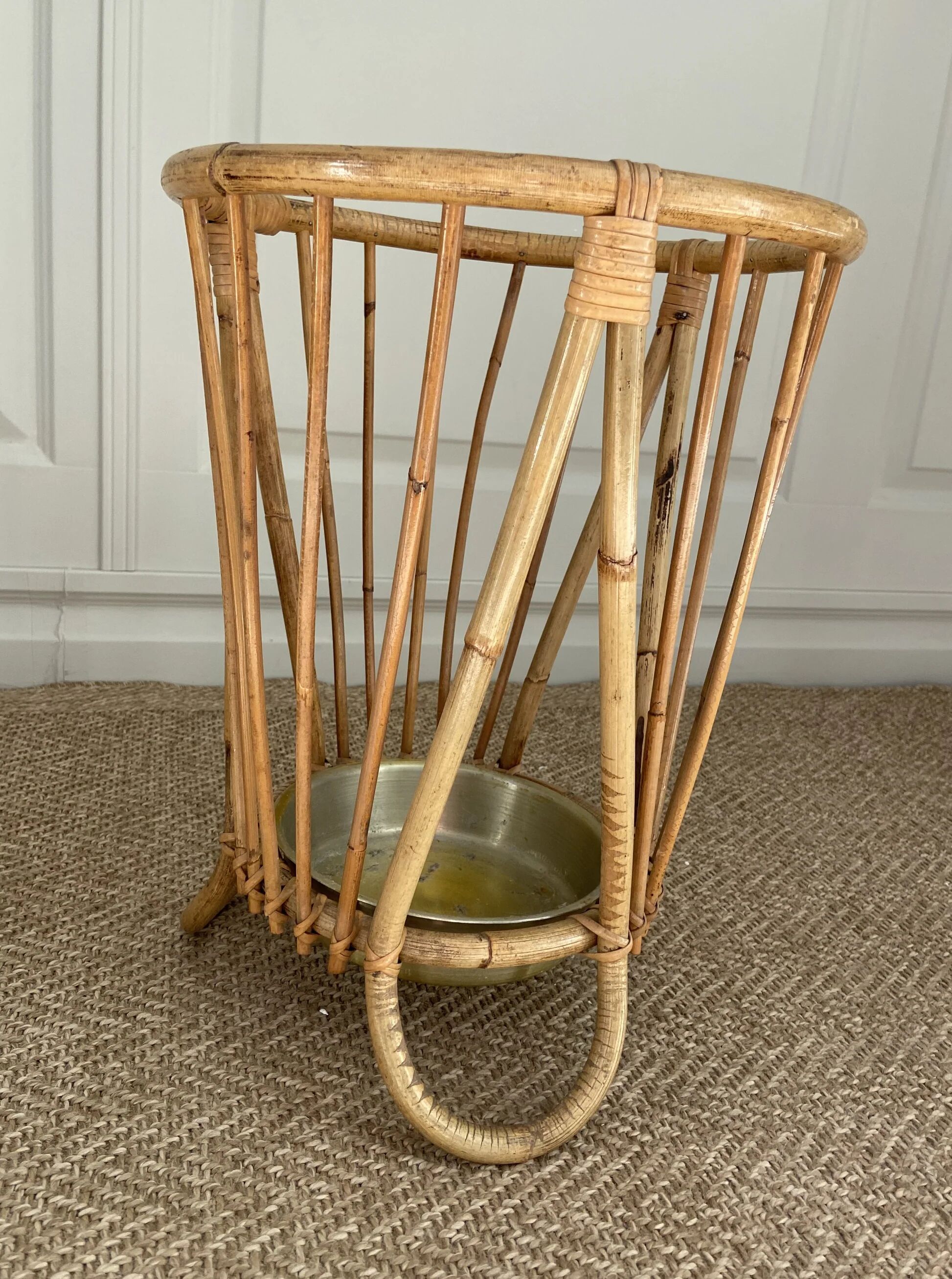Bamboo and rattan umbrella stand with metal drip tray in the style of Franco Albini, Italy, 1960s
