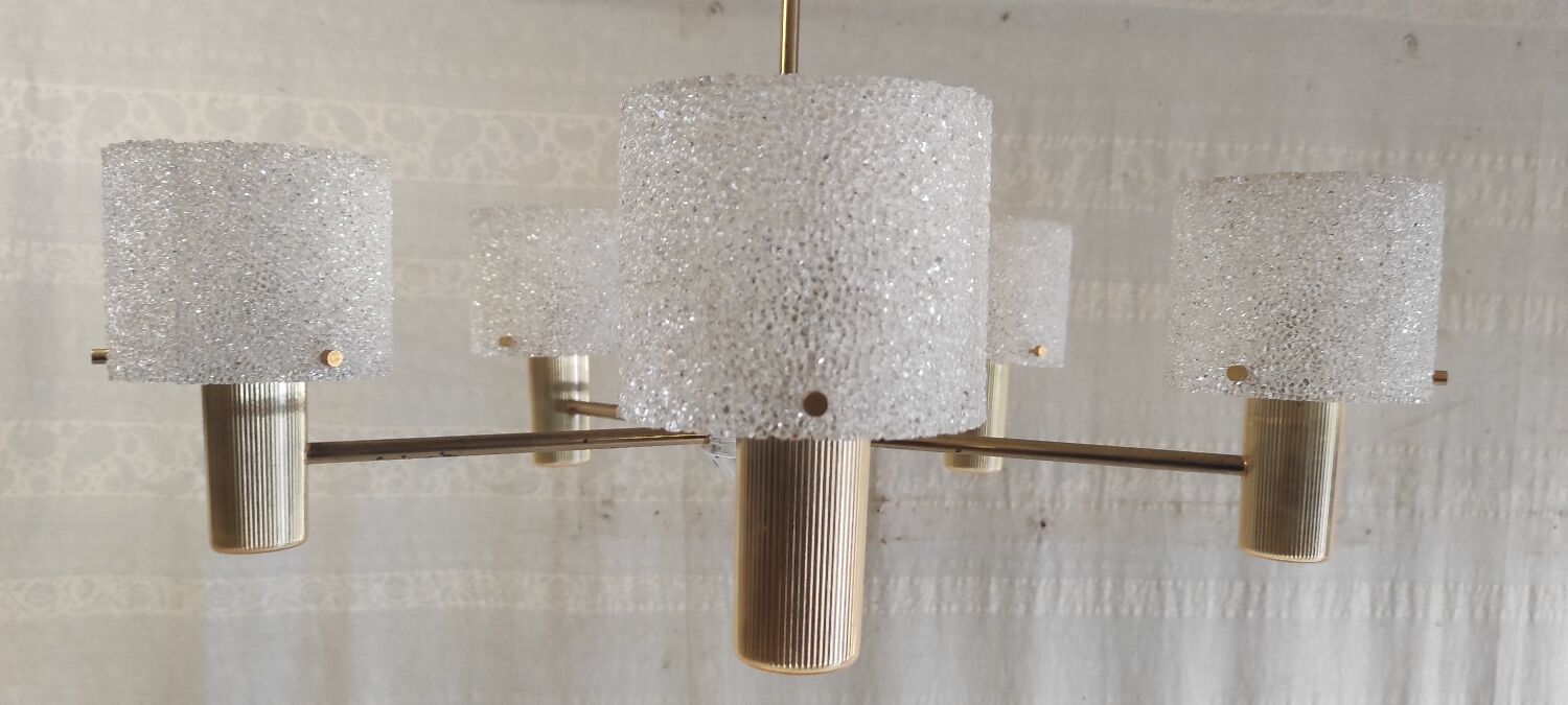 Brass and perspex chandelier with 5 lights - 1960s/70s
