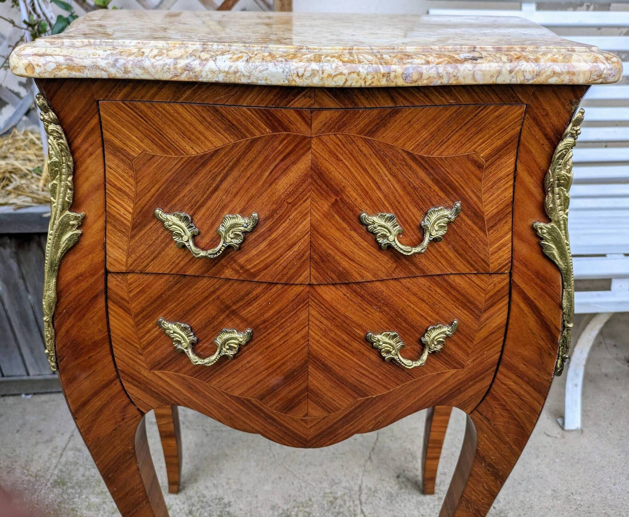 Curved chest of drawers with 2 drawers in rosewood, marble and bronze marquetry, Louis XV style
