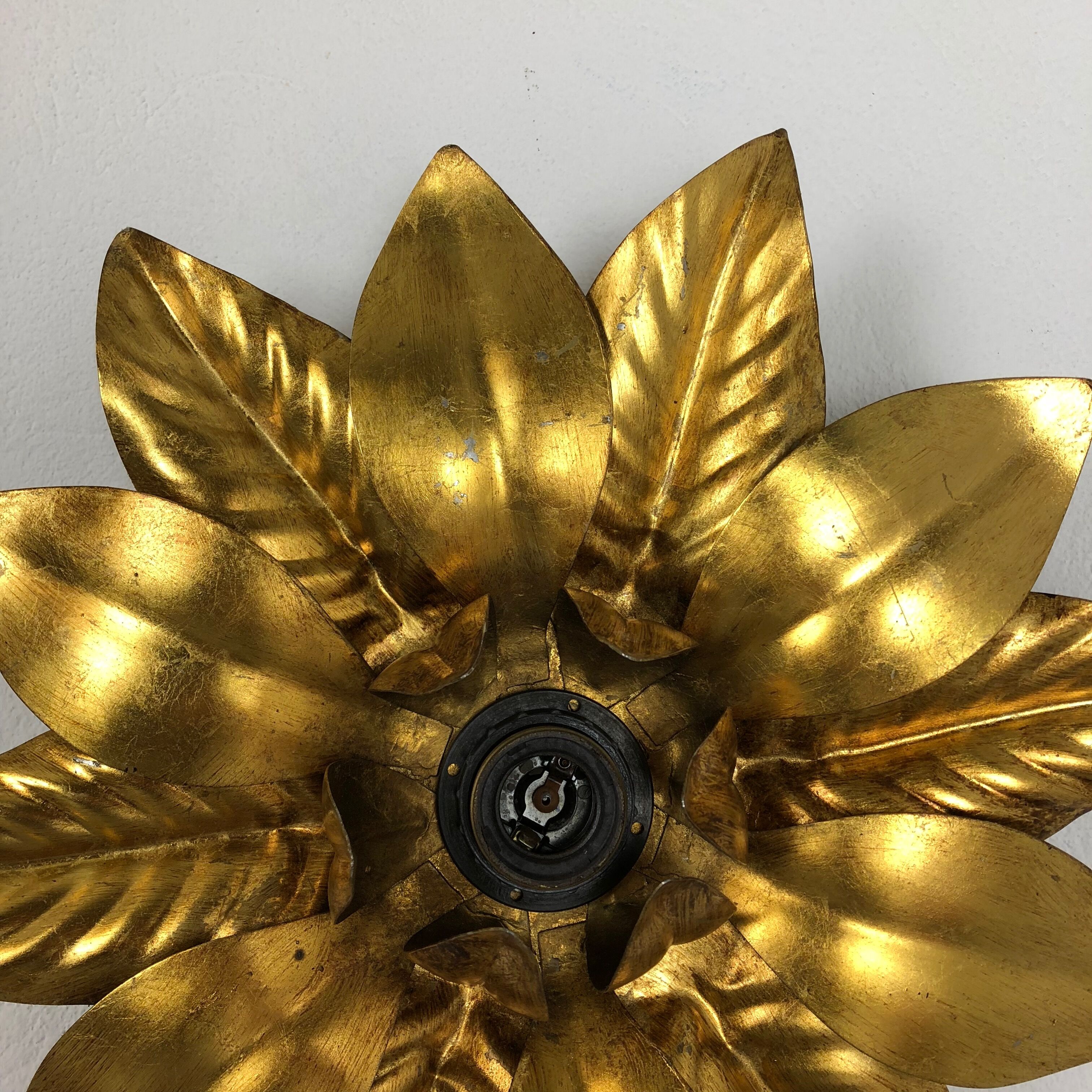 Set of 3 Golden Florentiner Leaf Theatre Wall Ceiling Light Sconces, Italy 1960s