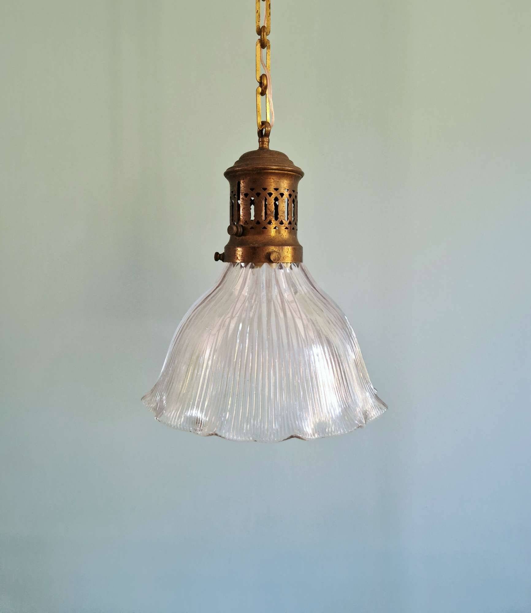 Large Holophane pendant light in clear grooved glass, 1920-30