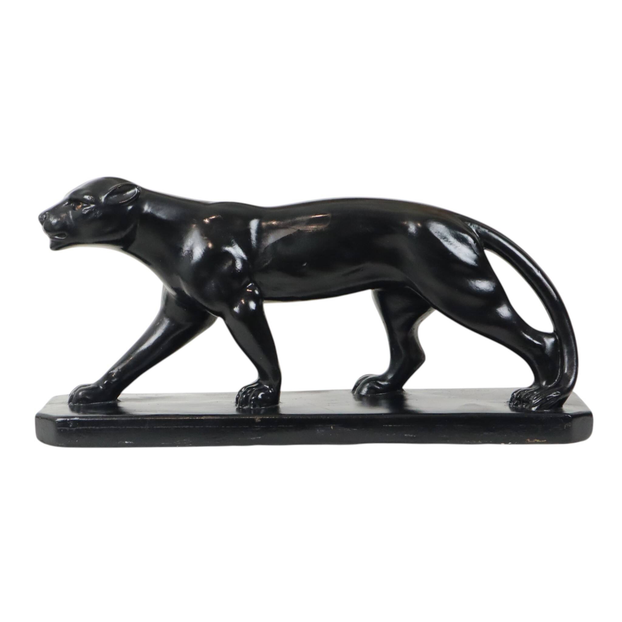 French Art Deco Style Panther Sculpture Black Lacquered Plaster 56cm