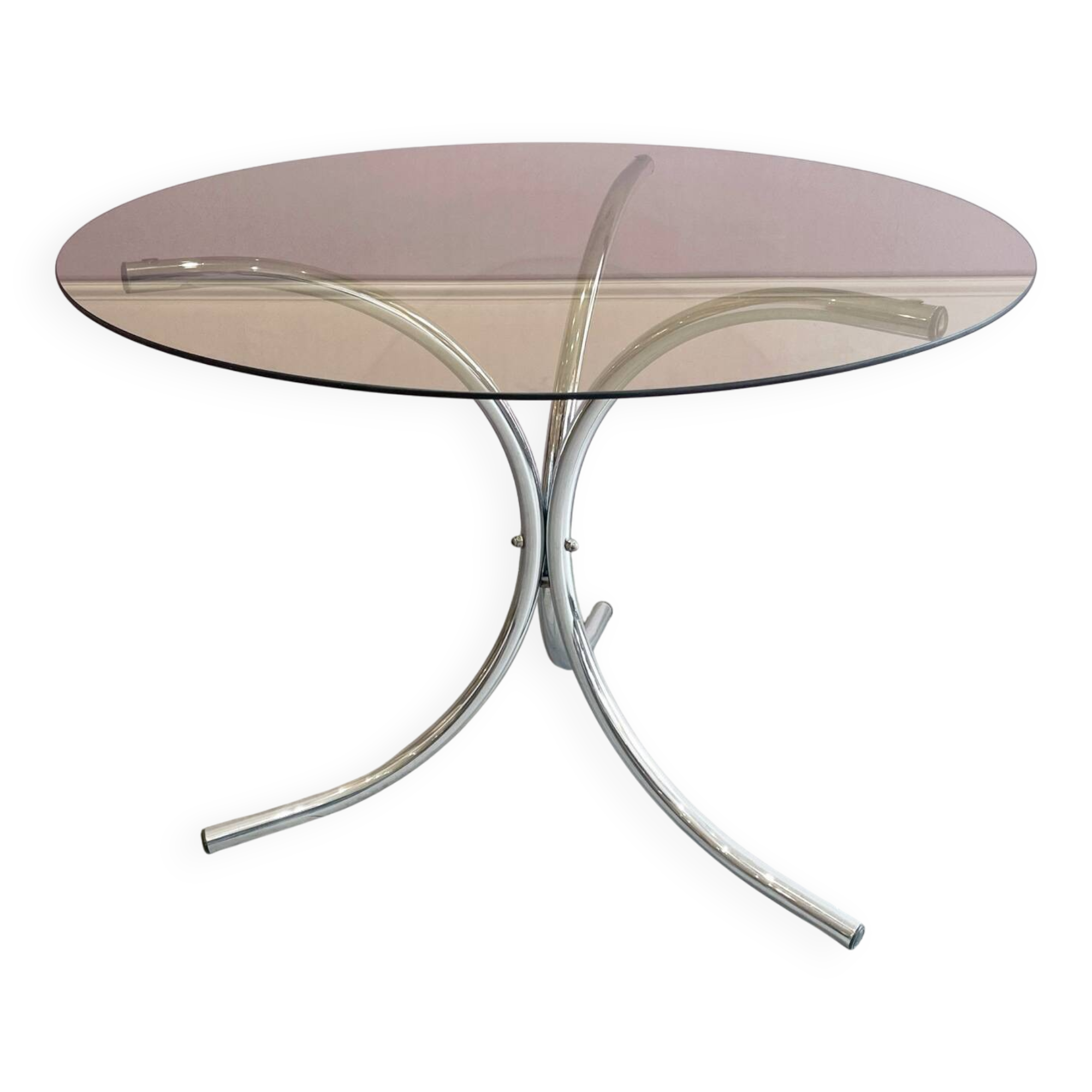 Chromed metal and smoked glass table