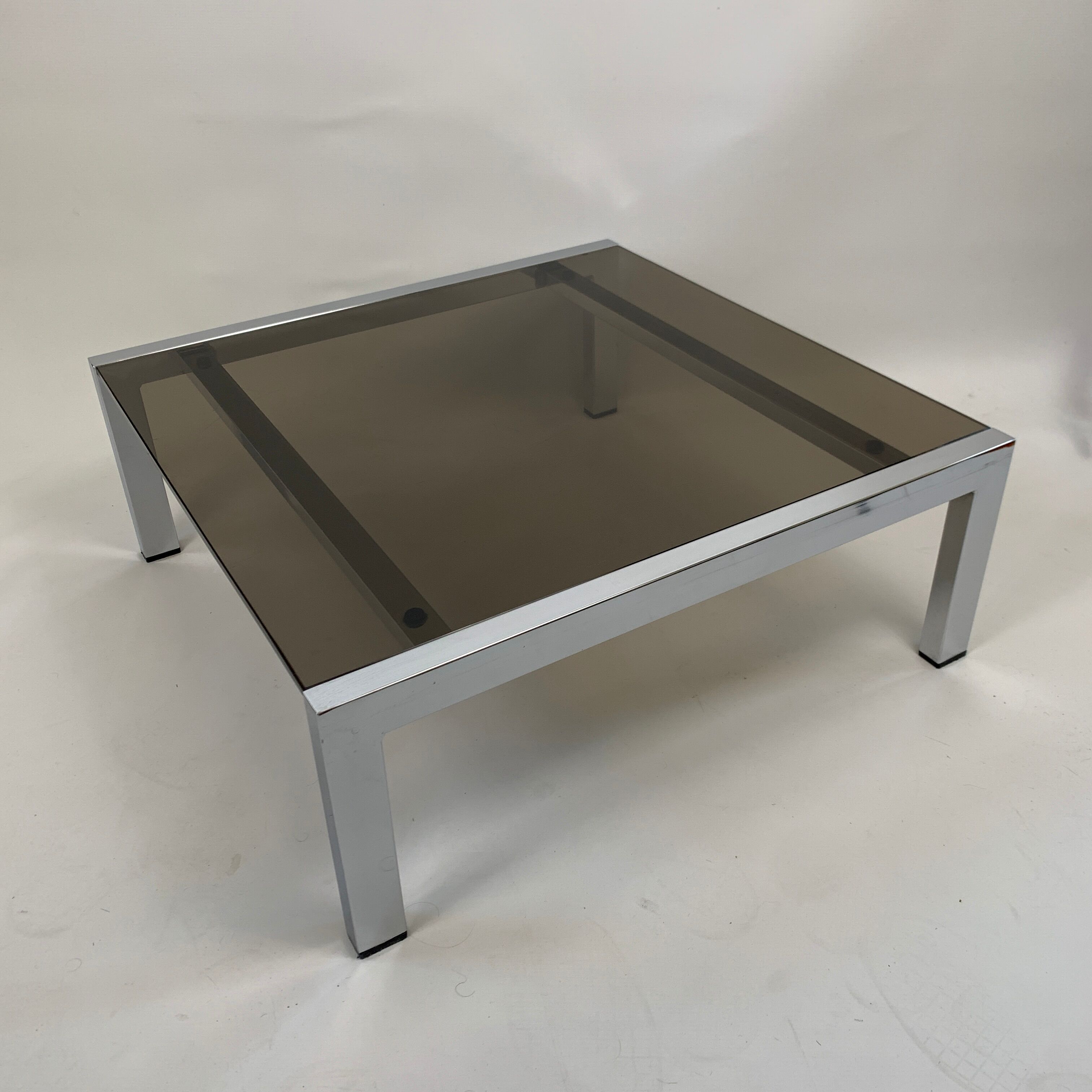 Vintage square coffee table chrome structure and smoked glass top