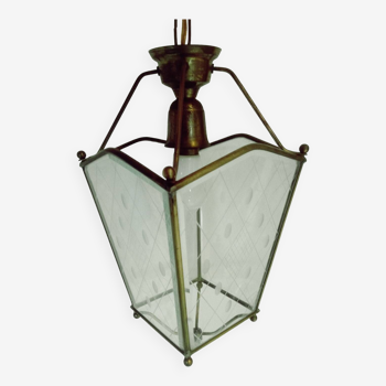 Brass and cut glass pendant lantern, vintage 1950