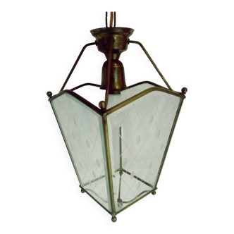 Lanterne suspension laiton et verre taillé, vintage 1950