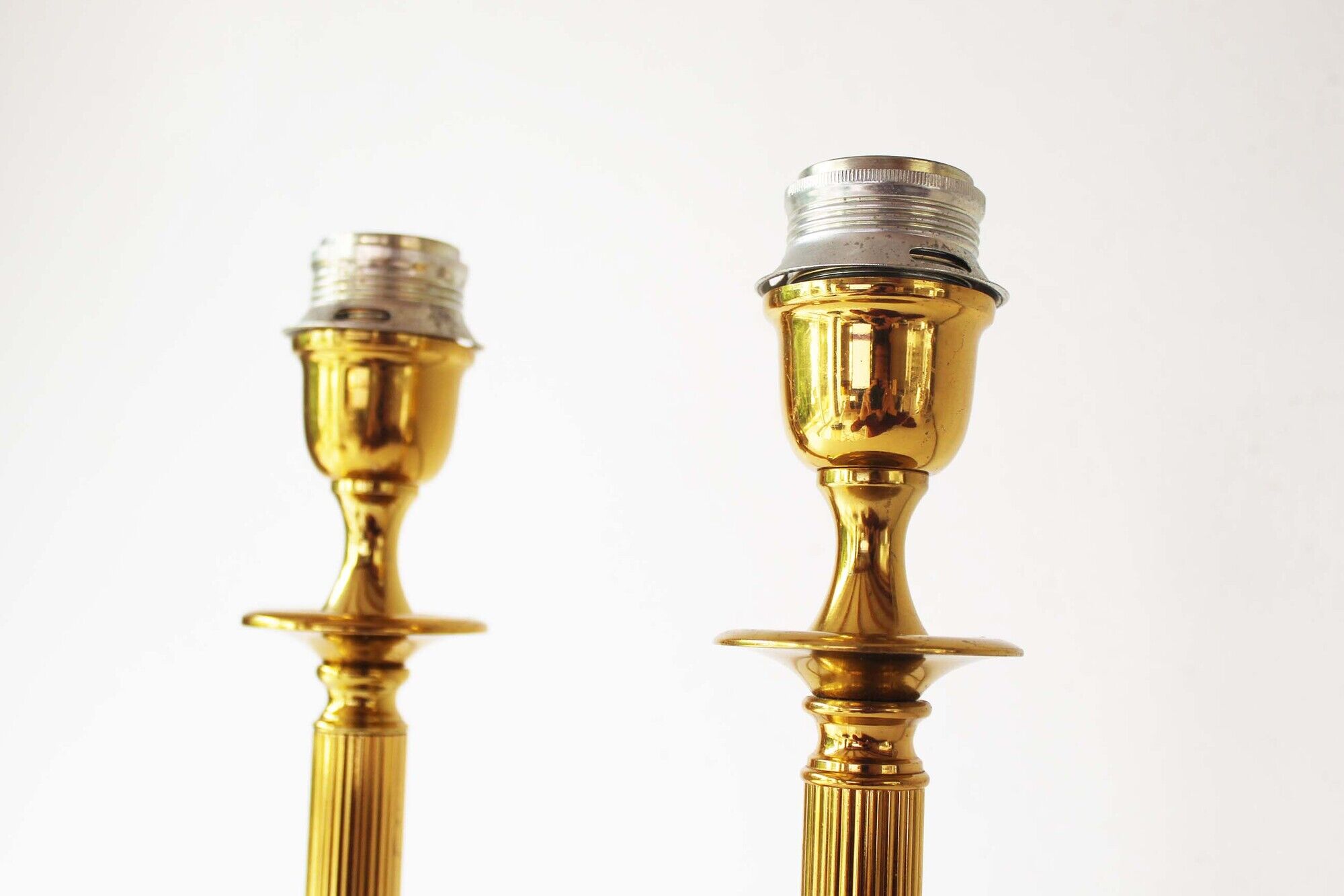 Vintage pair of Brass Column Table Lamps - 1970's Hollywood Regency Lamps