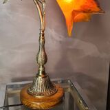 Bronze lamp on blond oak base, art nouveau with tulip, 45x30