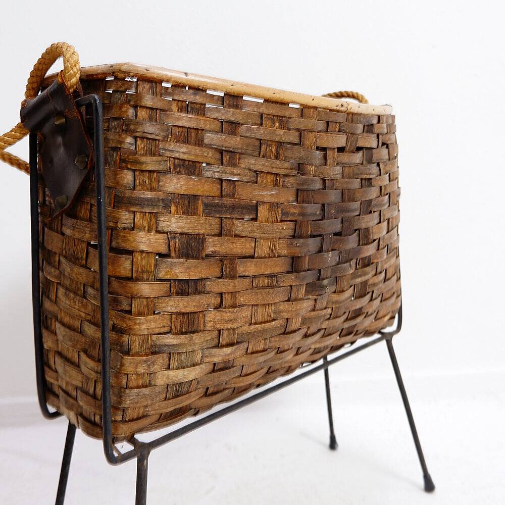 Vintage wicker and metal magazine rack - 1960s