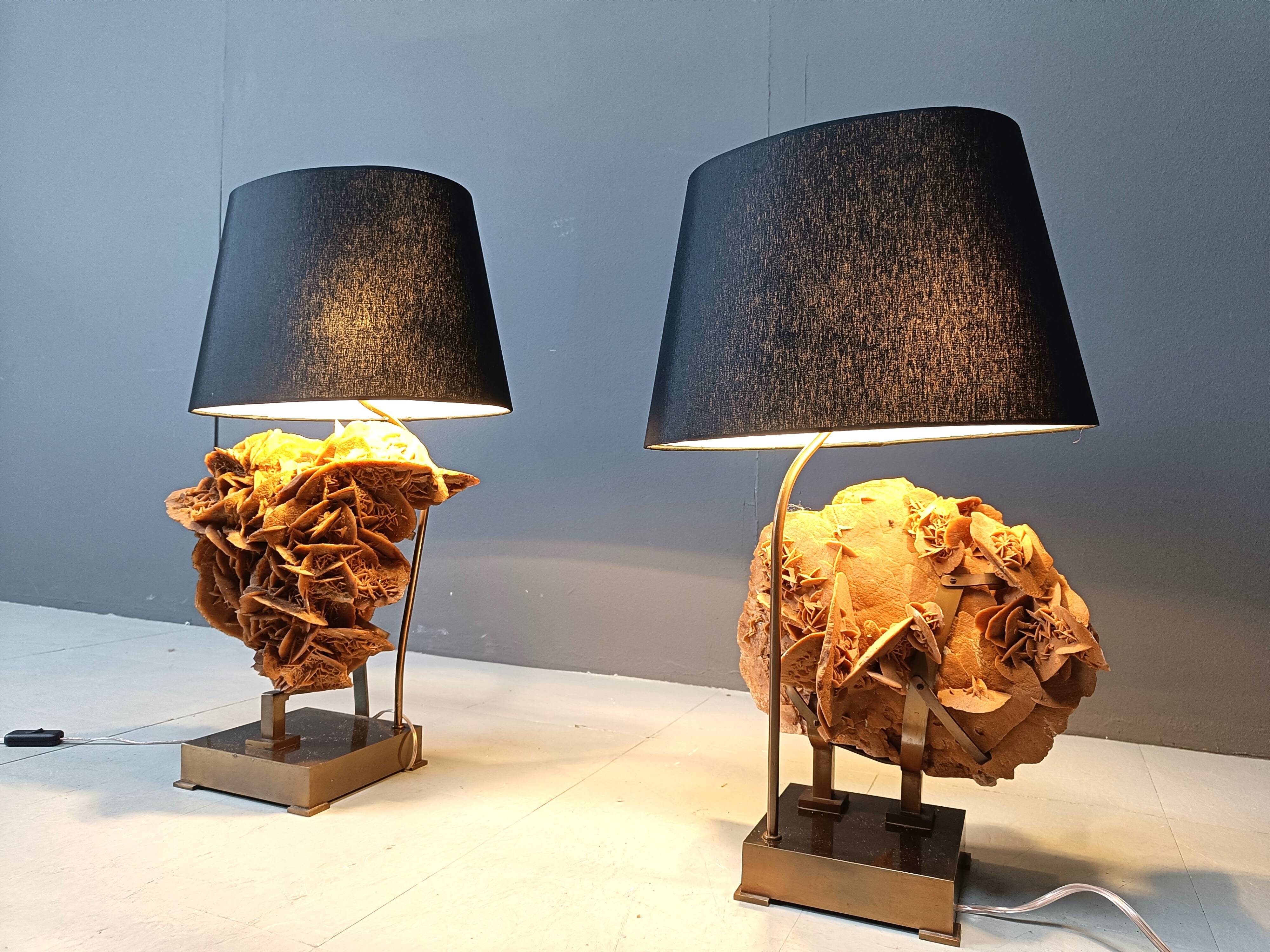 Lampes de table en laiton et pierre rose, années 1970
