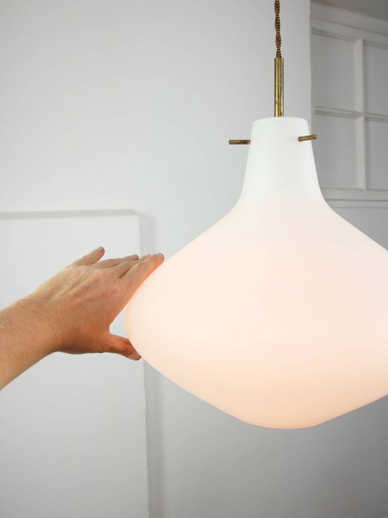 Mid-Century Italian Brass and Opaline Glass Pendant Lamp