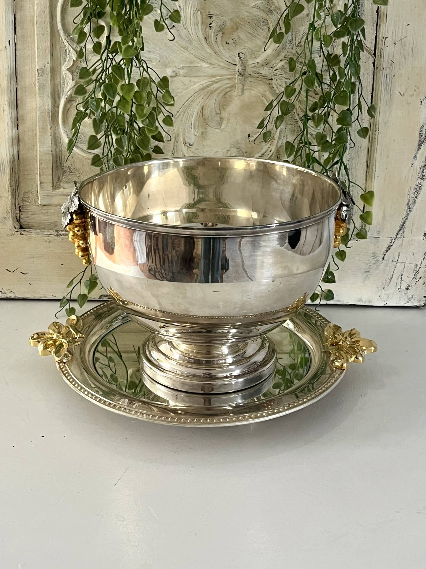 Silver Plated Grape Ice Bucket with Pedestal Tray, French ice bucket