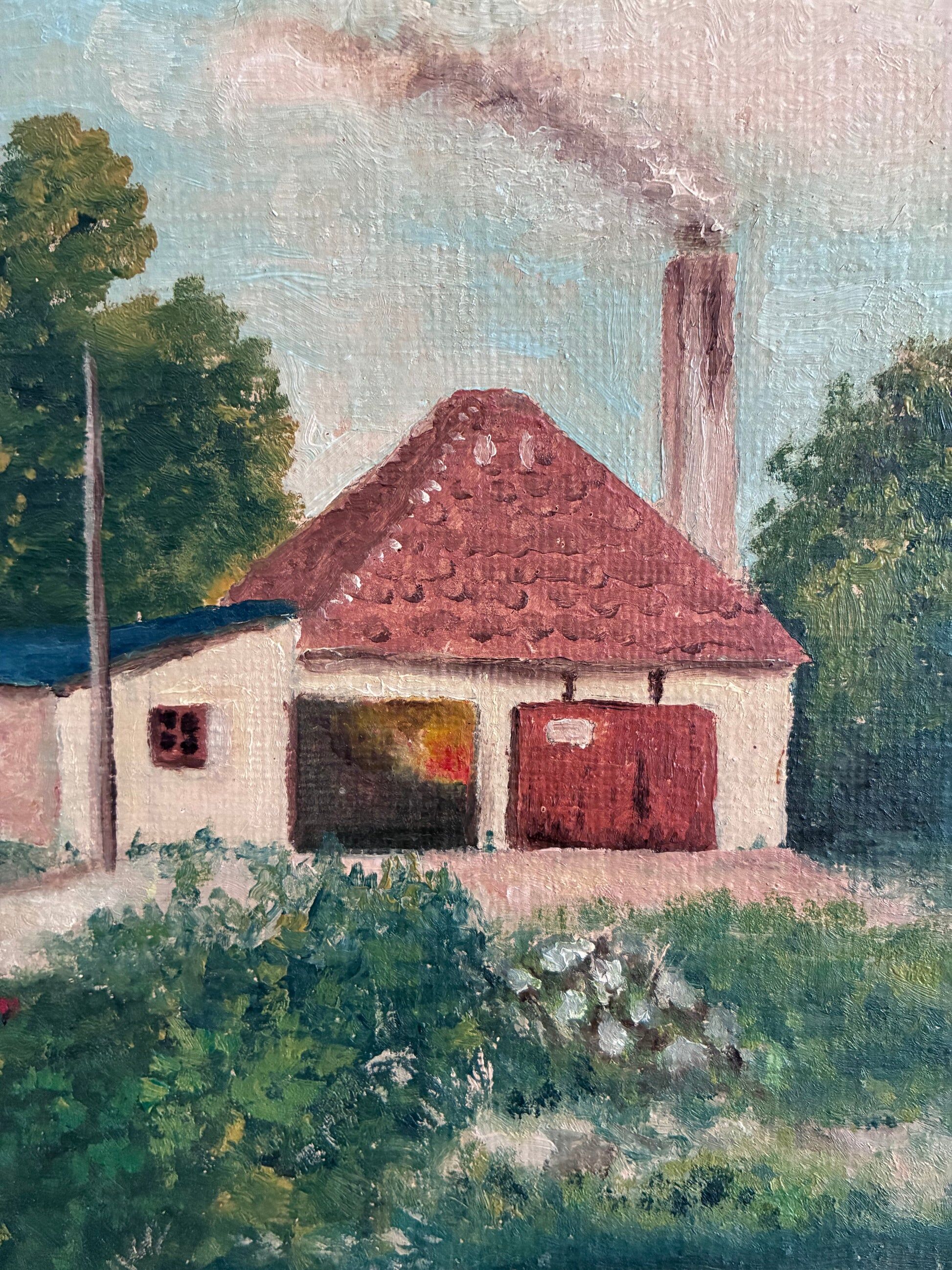 Vintage original landscape oil painting, signed farmhouse art