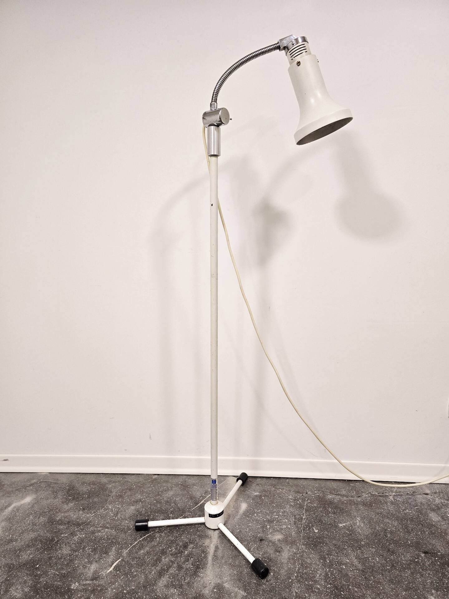 70s Gooseneck Metal Floor Lamp, Adjustable Height Tripod Base