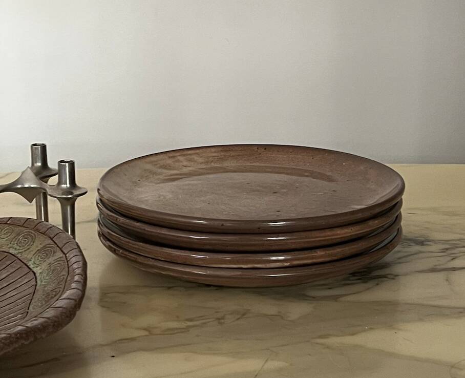 Ceramic service 4 large plates in enamelled stoneware, vallauris 1950