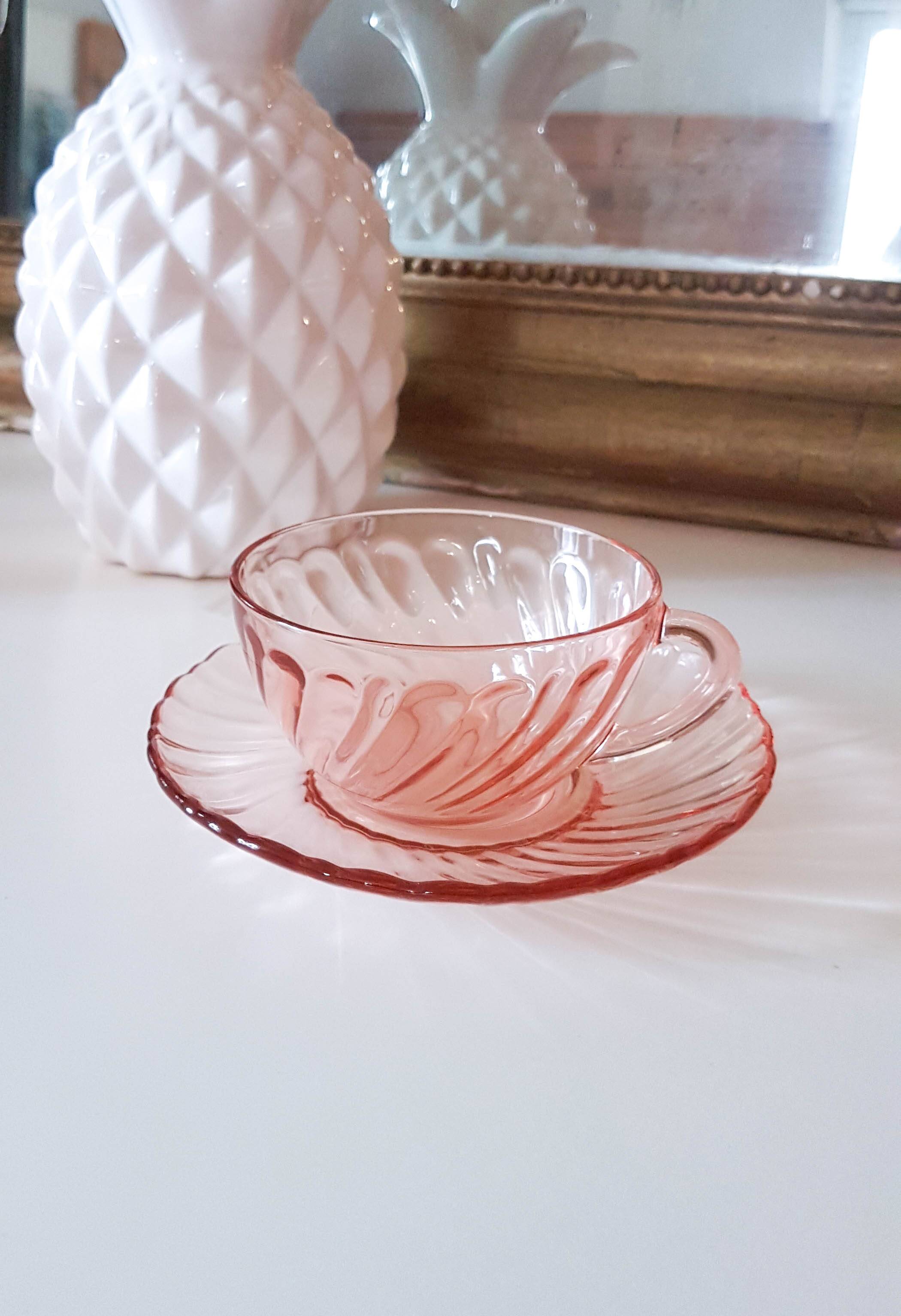 6 Rosaline LUMINARC pink glass tea cups and saucers made in France