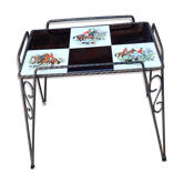 Ceramic side coffee table and wrought iron checkerboard hunting scene